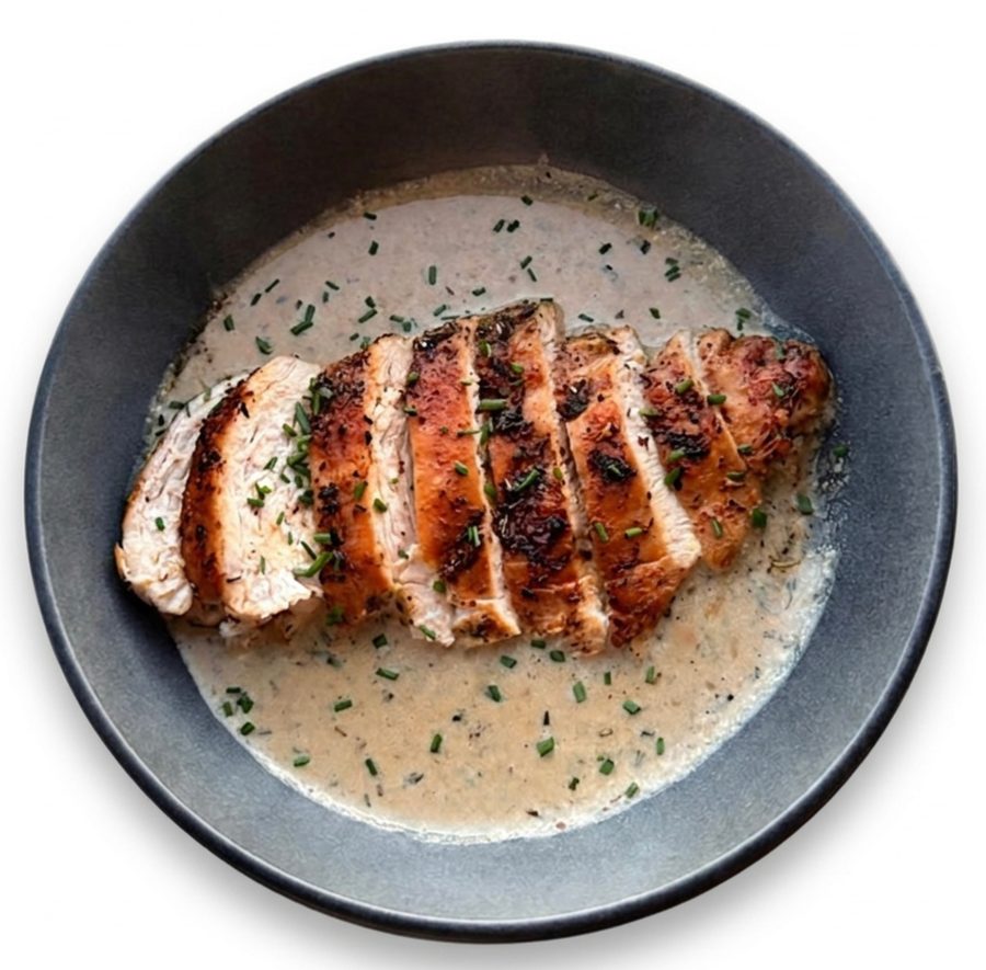 Sliced pan-seared chicken breast in a creamy tarragon sauce, in a dark bowl